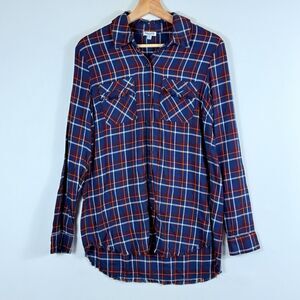 Splendid Blue Maroon Plaid Fringe Brush Rayon Long Sleeve Shirt Top Womens Small